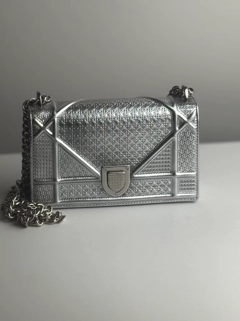 Pre Owned Christian Dior Cannage Diorama Small Silver Patent Leather