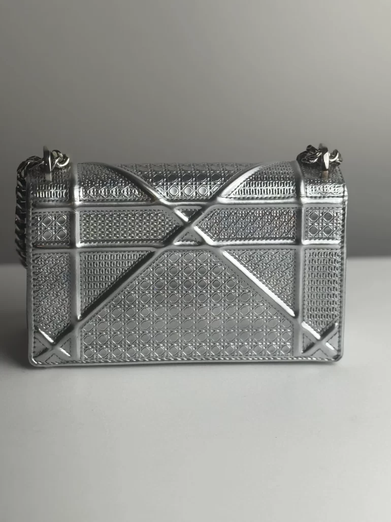 Pre Owned Christian Dior Cannage Diorama Small Silver Patent Leather