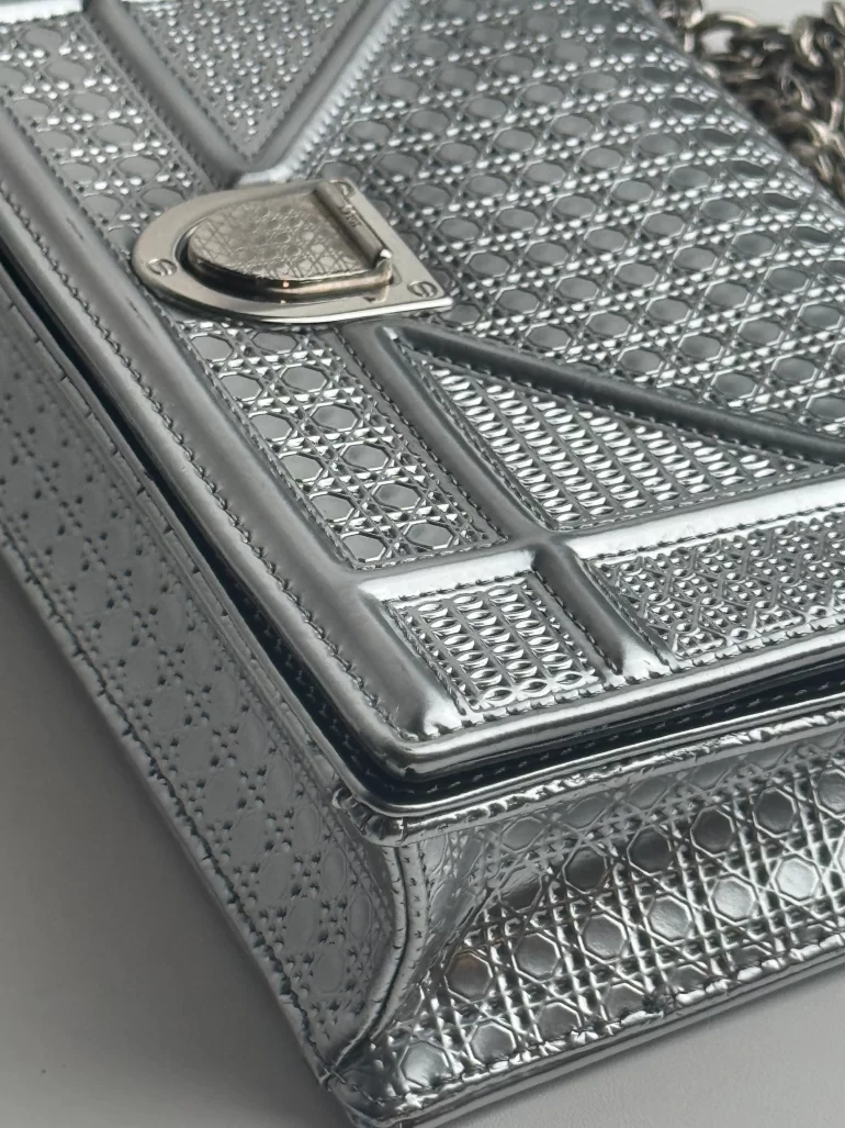 Pre Owned Christian Dior Cannage Diorama Small Silver Patent Leather