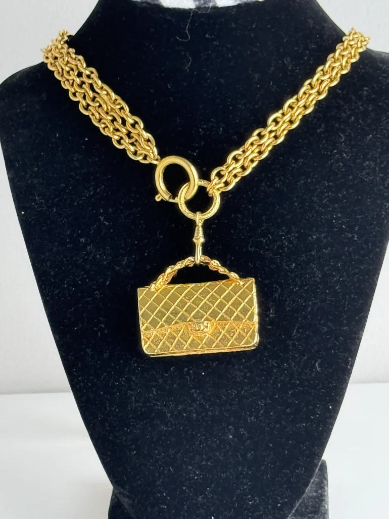Pre Owned Chanel Multi Strand Matelasse Flap Bag Pendant Necklace 24k Gold Plated