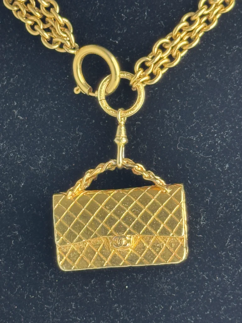 Pre Owned Chanel Multi Strand Matelasse Flap Bag Pendant Necklace 24k Gold Plated