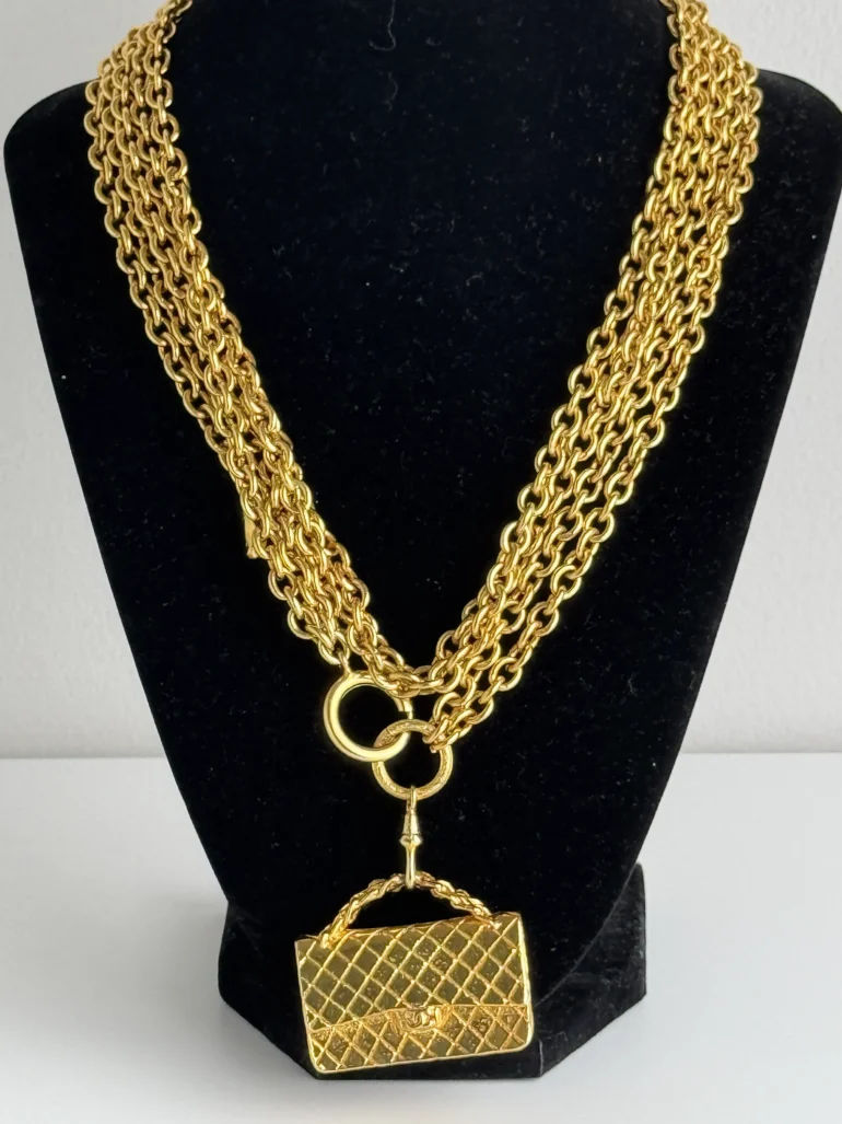 Pre Owned Chanel Multi Strand Matelasse Flap Bag Pendant Necklace 24k Gold Plated
