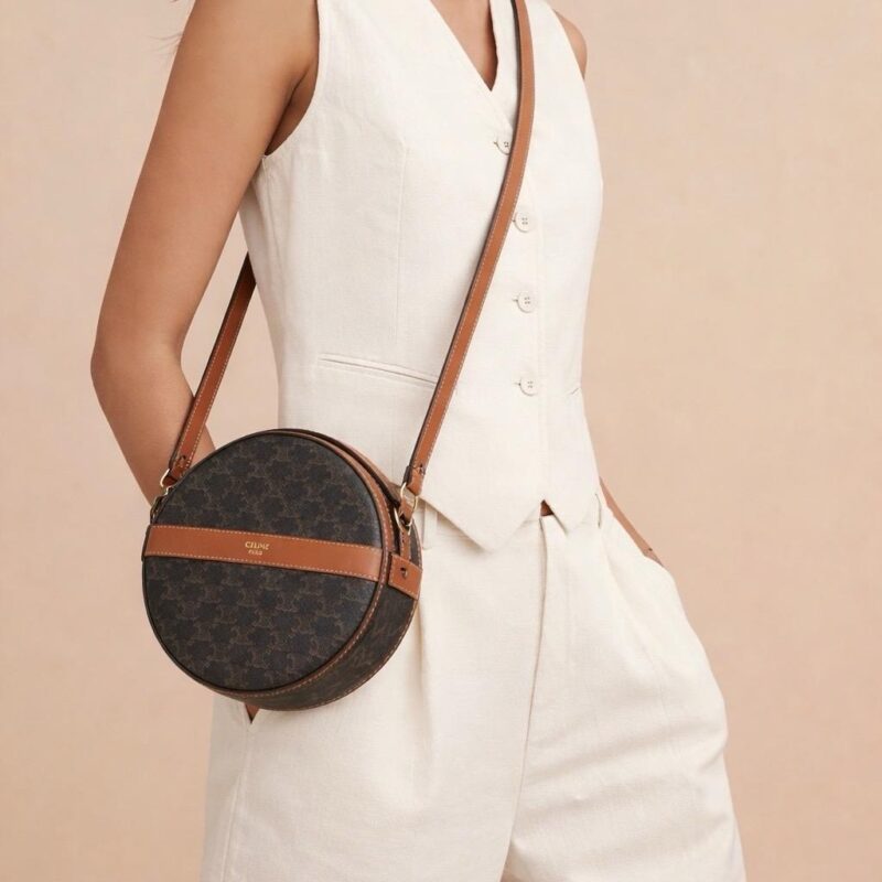 Pre Owned CELINE Leather Crossbody Bag Triomphe Round Crossbody Bag