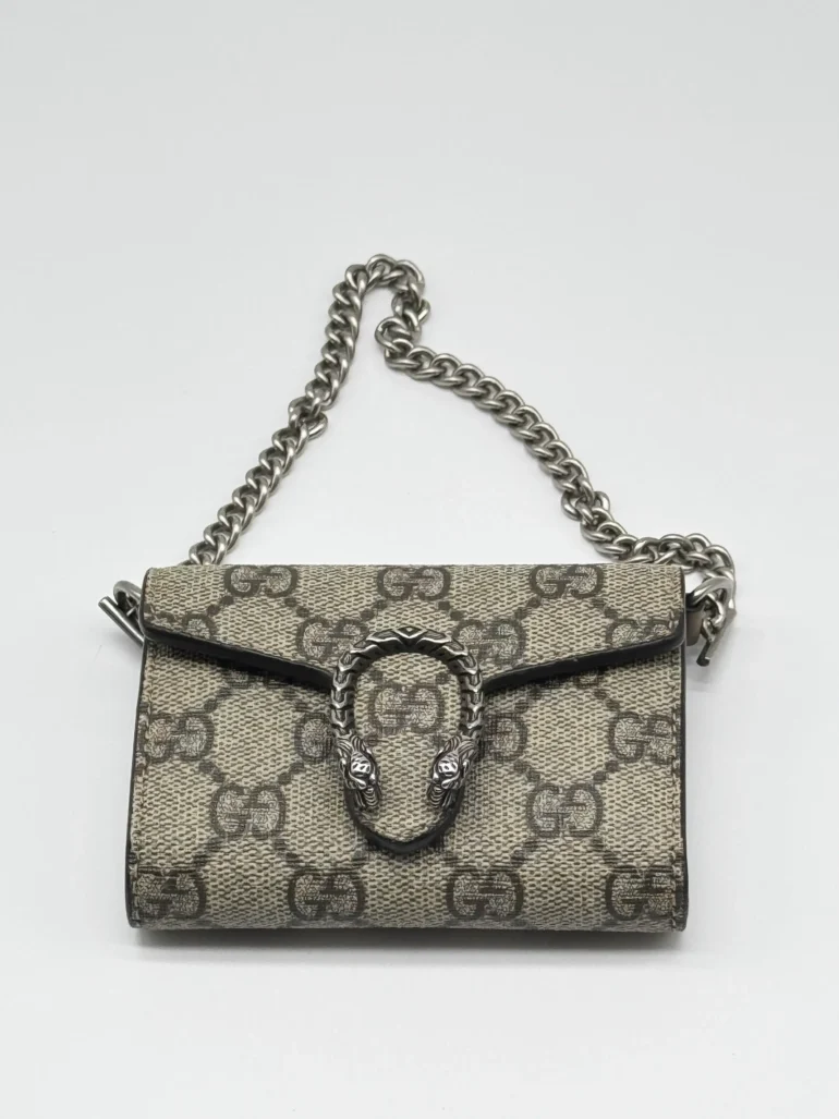 Pre Owned Gucci GG Supreme Monogram Dionysus Coin Purse Taupe