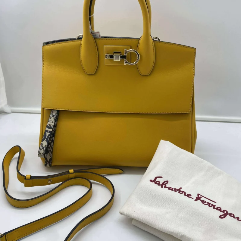 Pre Owned Salvatore Ferragamo Hammered Calfskin Medium The Studio Box Bag Yellow