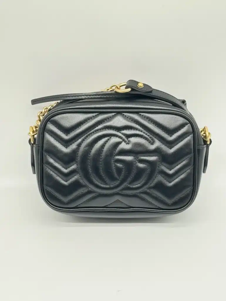 Pre Owned GUCCI GG Marmont Mini Camera Shoulder Crossbody Bag in Black Quilted with Gold Hardware