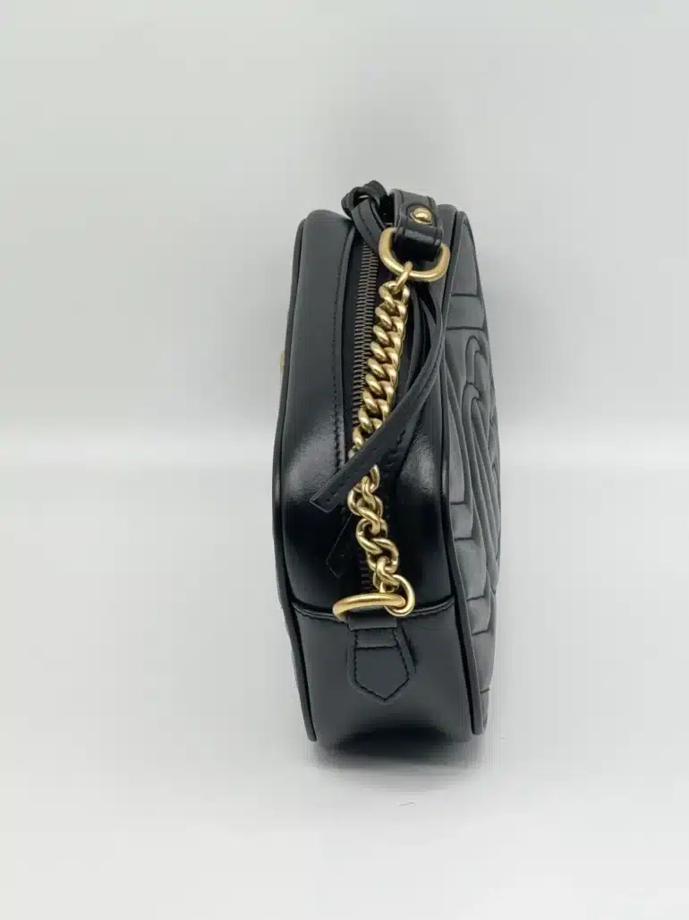 Pre Owned GUCCI GG Marmont Mini Camera Shoulder Crossbody Bag in Black Quilted with Gold Hardware