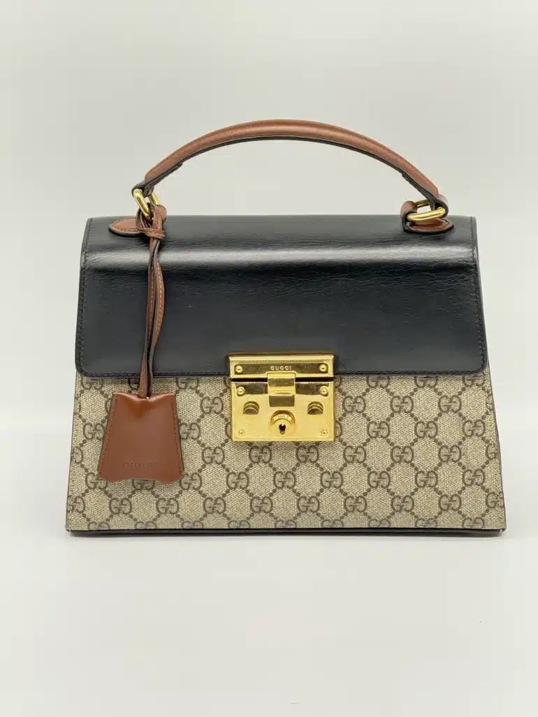 Pre Owned GUCCI GG Supreme Monogram Small Padlock Top Handle Bag Beige Black Cuir