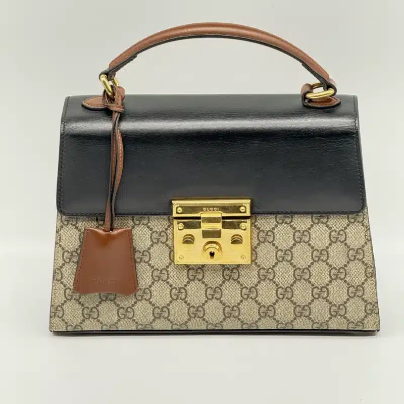 Pre Owned GUCCI GG Supreme Monogram Small Padlock Top Handle Bag Beige Black Cuir
