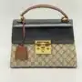 Pre Owned GUCCI GG Supreme Monogram Small Padlock Top Handle Bag Beige Black Cuir