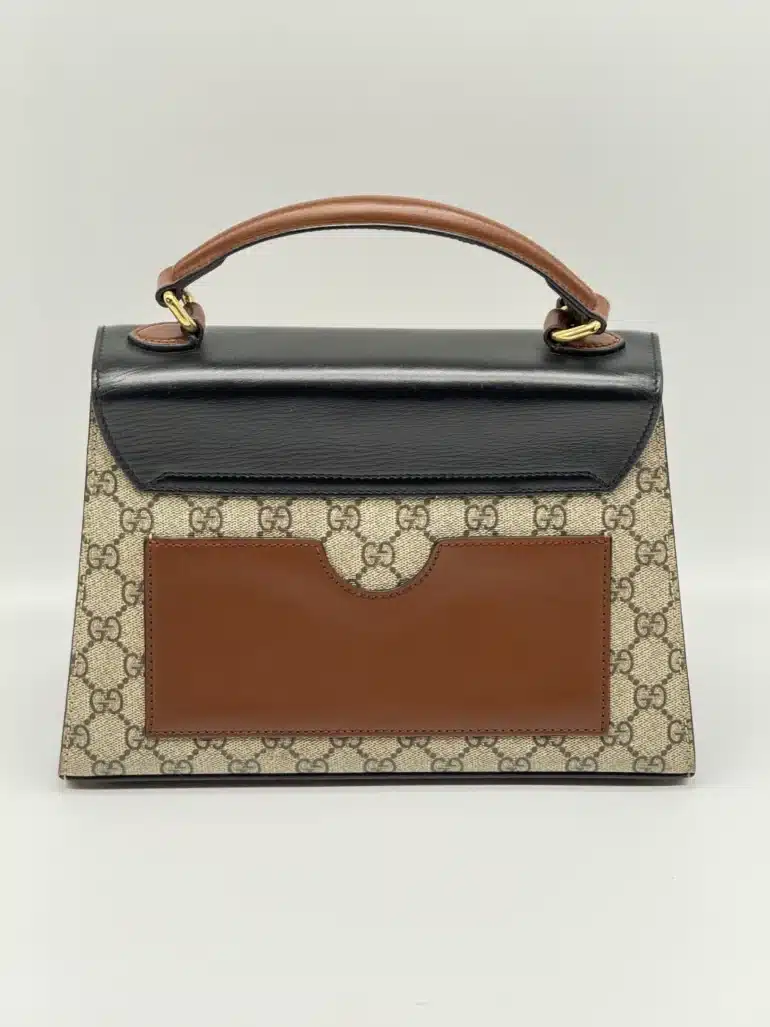Pre Owned GUCCI GG Supreme Monogram Small Padlock Top Handle Bag Beige Black Cuir