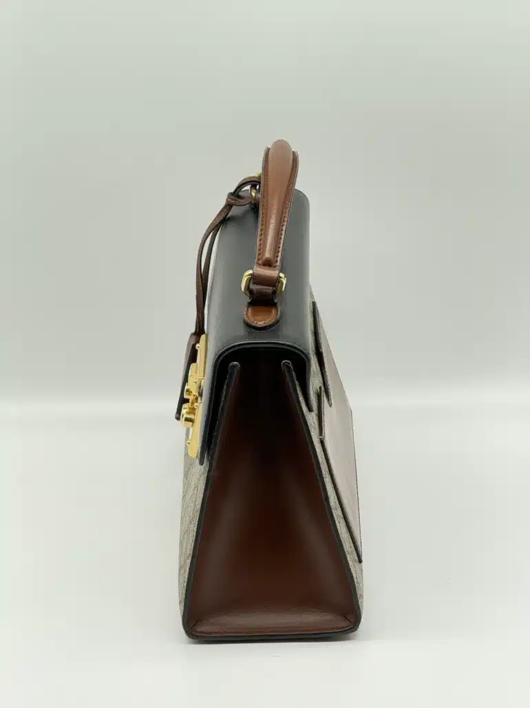 Pre Owned GUCCI GG Supreme Monogram Small Padlock Top Handle Bag Beige Black Cuir