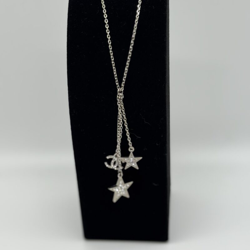 Pre Owned CHANEL Crystal Glitter Star CC Pendant Necklace Silver Gold