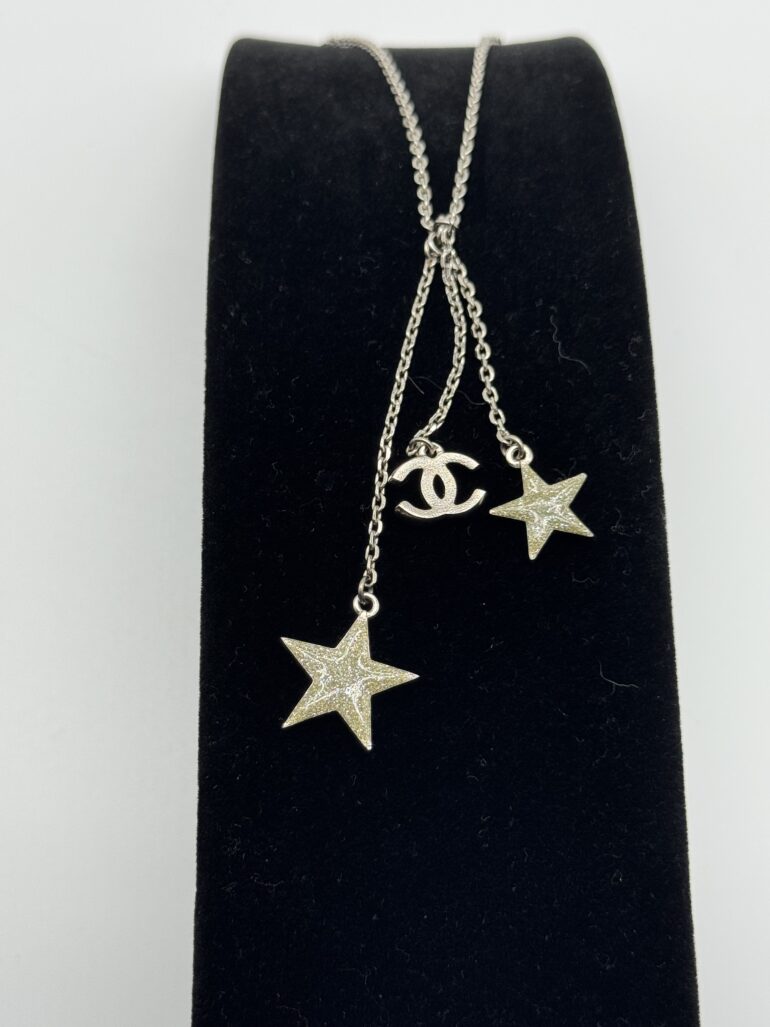 Pre Owned CHANEL Crystal Glitter Star CC Pendant Necklace Silver Gold