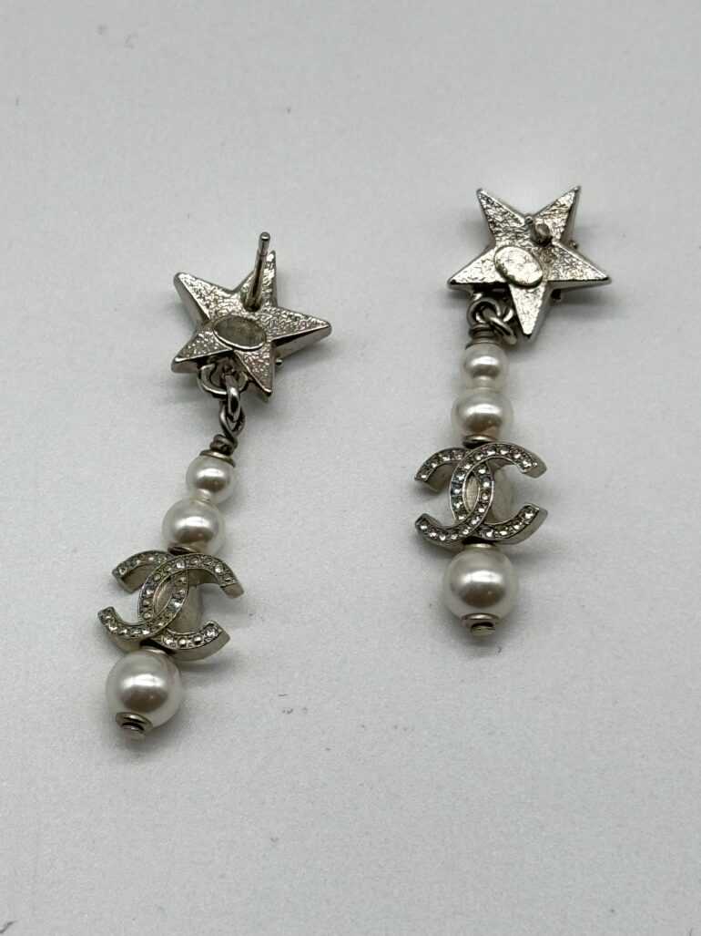 Pre Owned CHANEL Crystal Pearl CC Star Drop Earrings Silver Fashion Accessories Jewelry