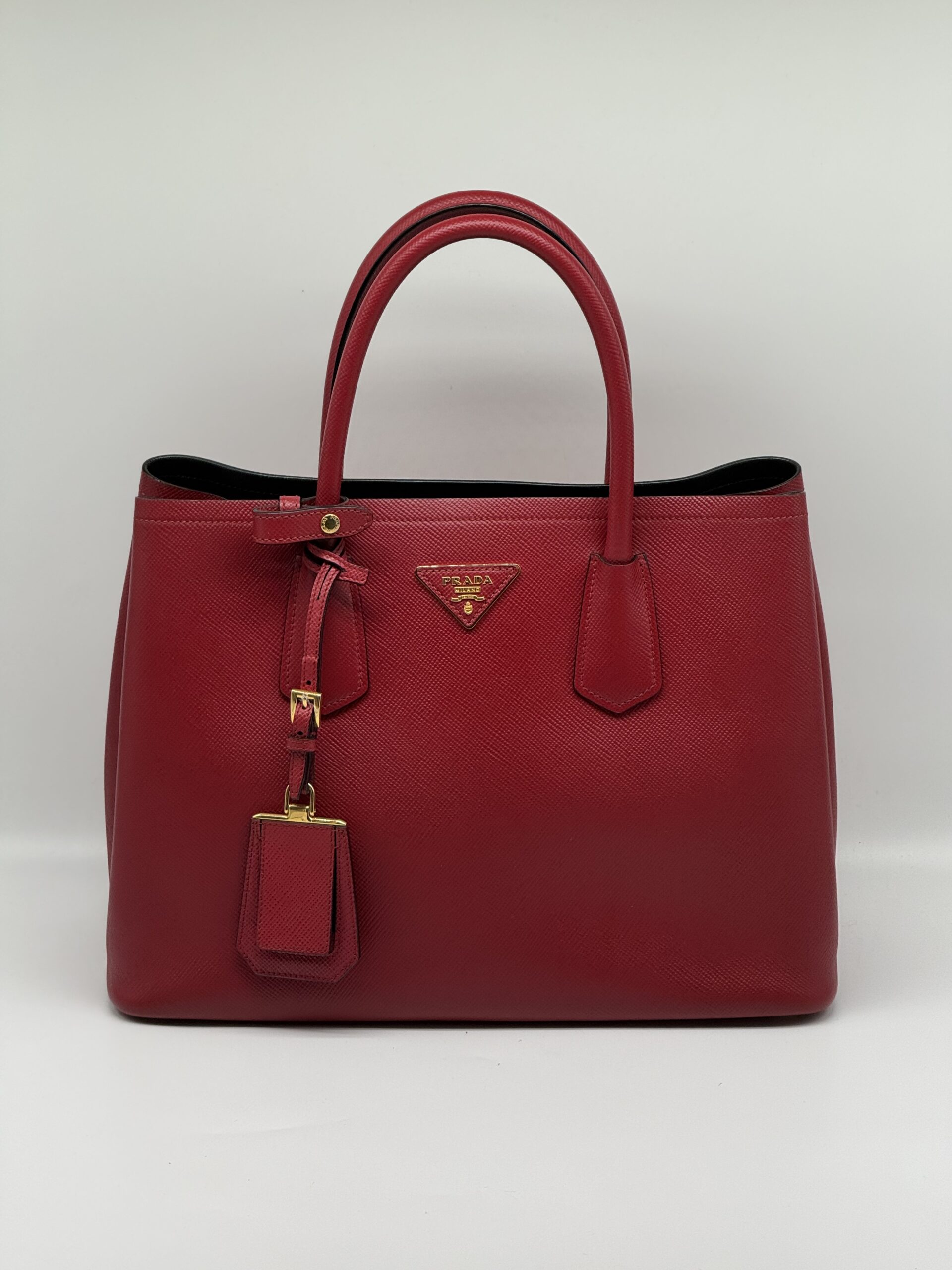 Pre Owned PRADA Saffiano Cuir Double Tote Red Saffiano w/ Black Interior