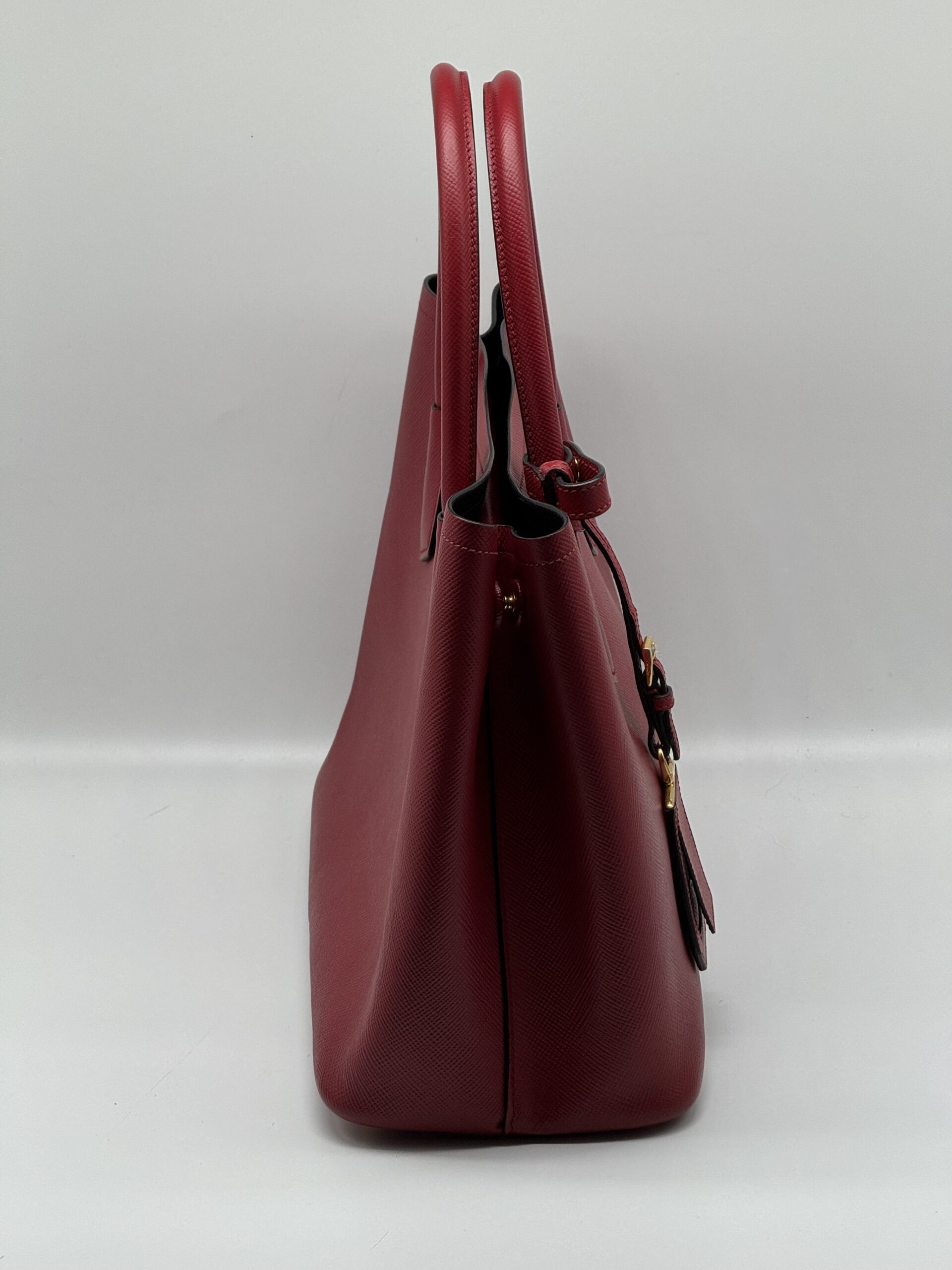 Pre Owned PRADA Saffiano Cuir Double Tote Red Saffiano w/ Black Interior