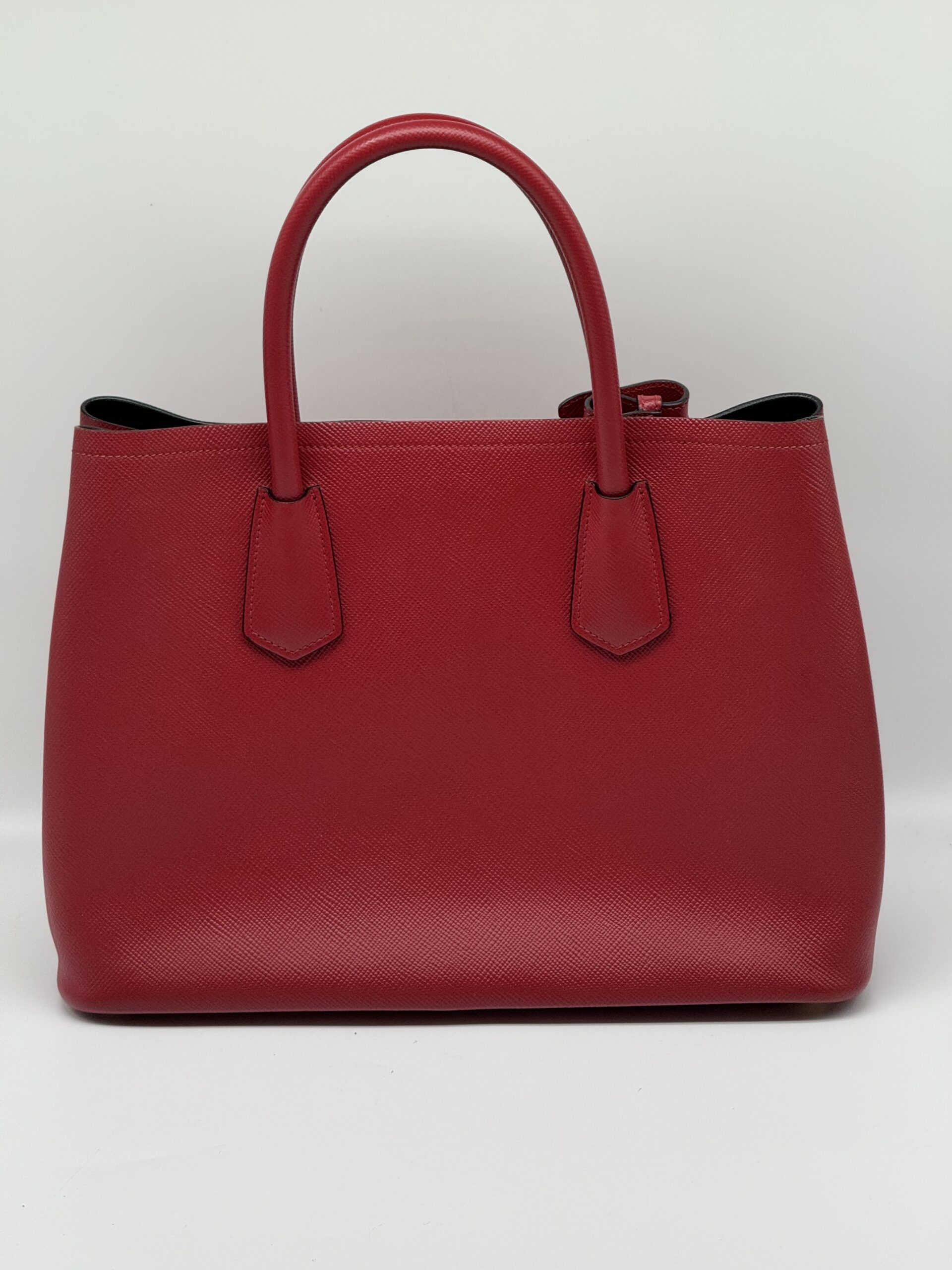 Pre Owned PRADA Saffiano Cuir Double Tote Red Saffiano w/ Black Interior
