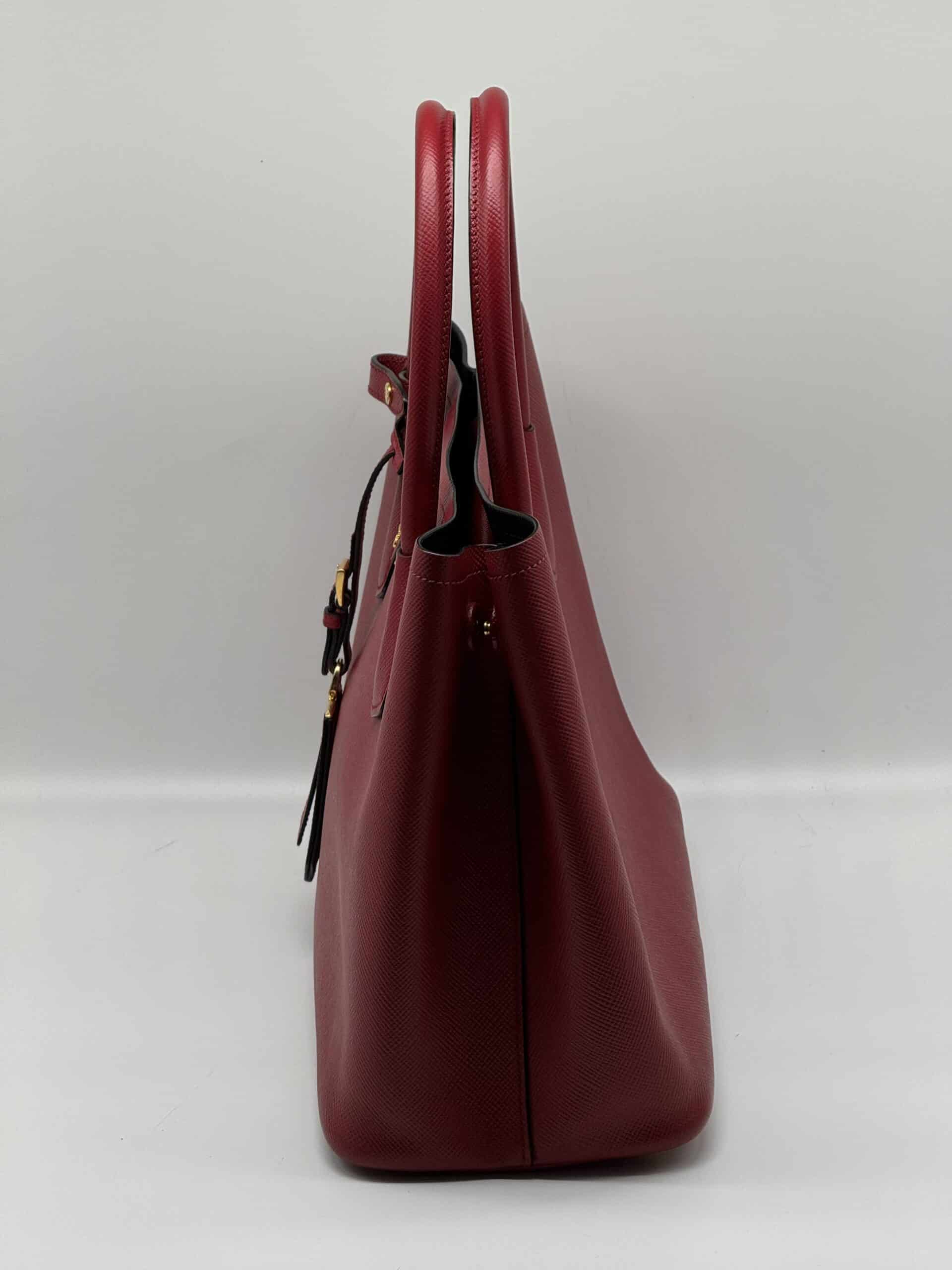 Pre Owned PRADA Saffiano Cuir Double Tote Red Saffiano w/ Black Interior