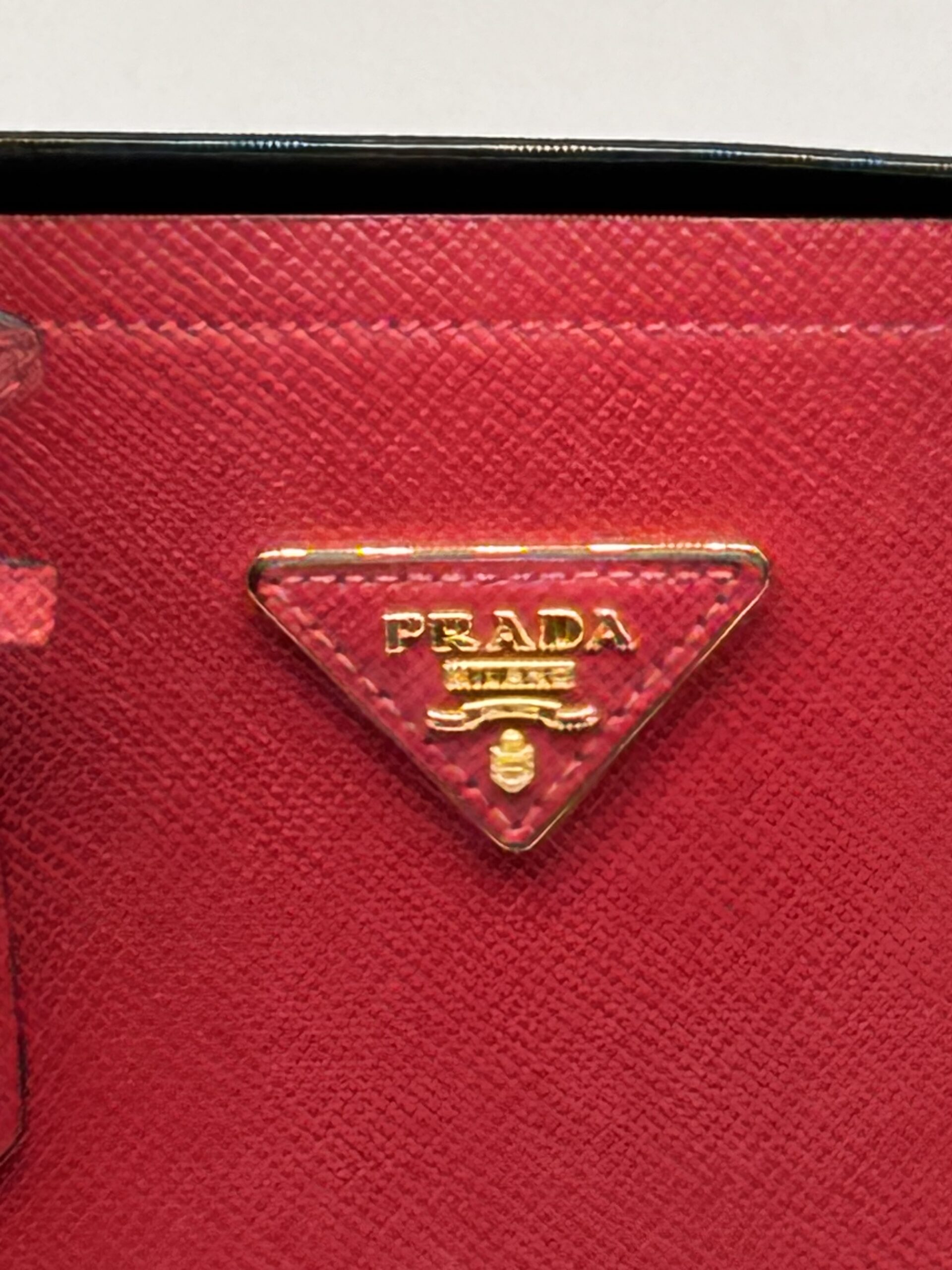 Pre Owned PRADA Saffiano Cuir Double Tote Red Saffiano w/ Black Interior