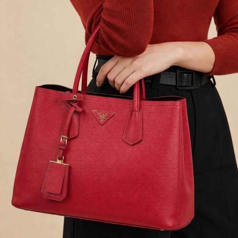 Pre Owned PRADA Saffiano Cuir Double Tote Red Saffiano w/ Black Interior