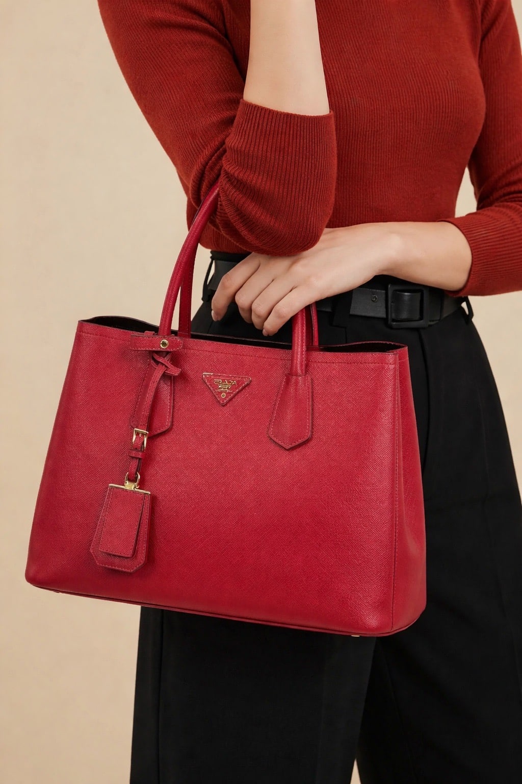 Pre Owned PRADA Saffiano Cuir Double Tote Red Saffiano w/ Black Interior