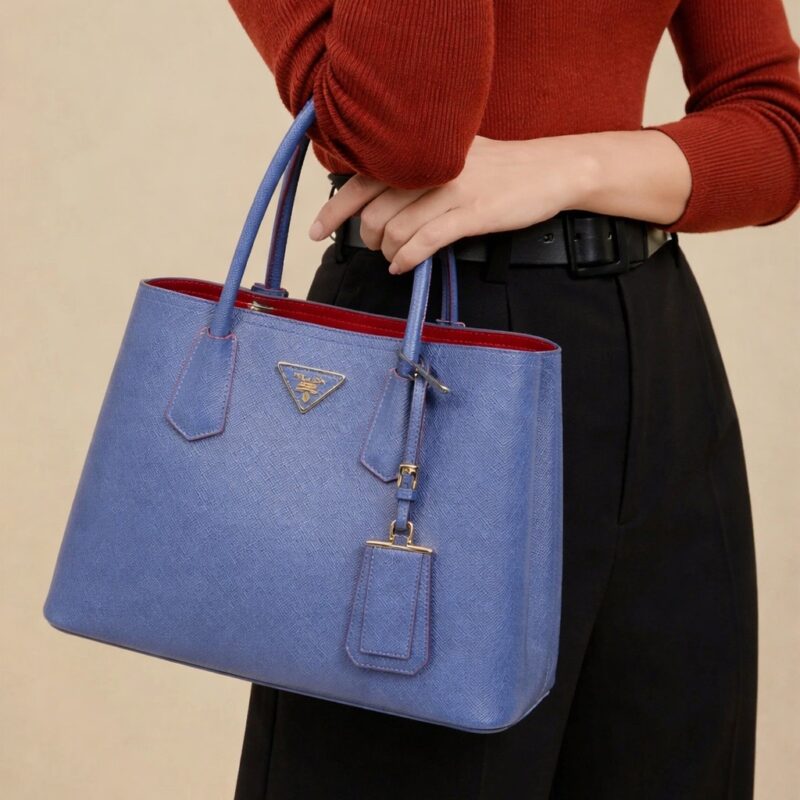 Pre Owned PRADA Saffiano Cuir Double Tote Blue Saffiano w/ Red Interior