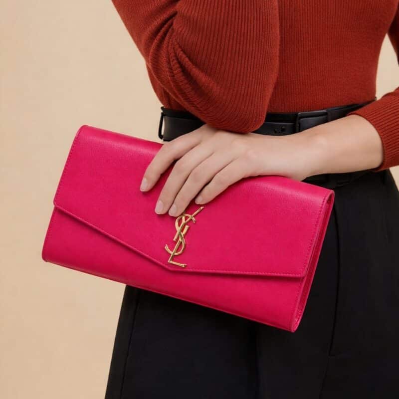 Pre Owned Saint Laurent Classic Monogram Long Clutch in Pink grained de poudre leather.