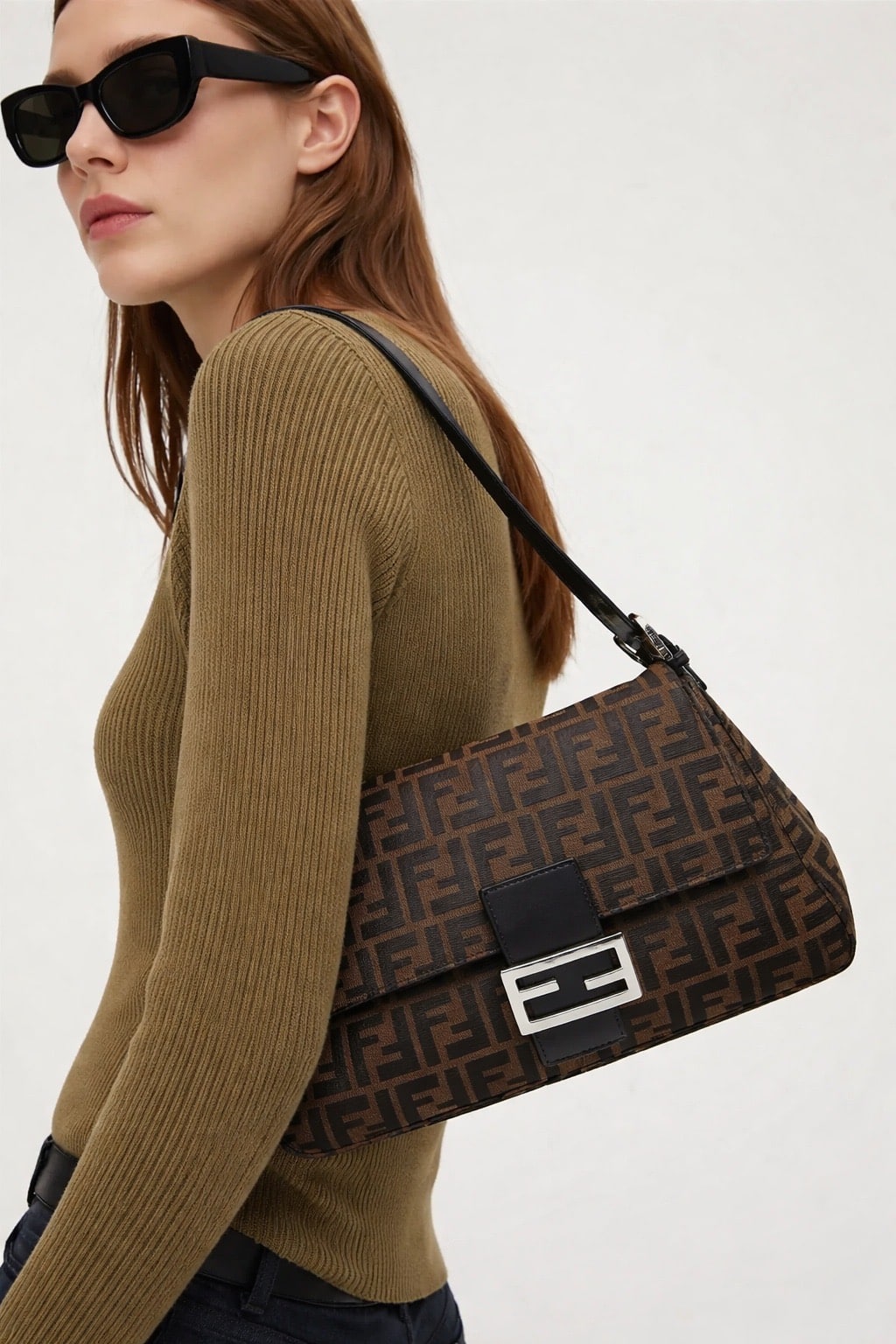 Pre Owned FENDI Zucca FF Momma Baguette Shoulder Bag