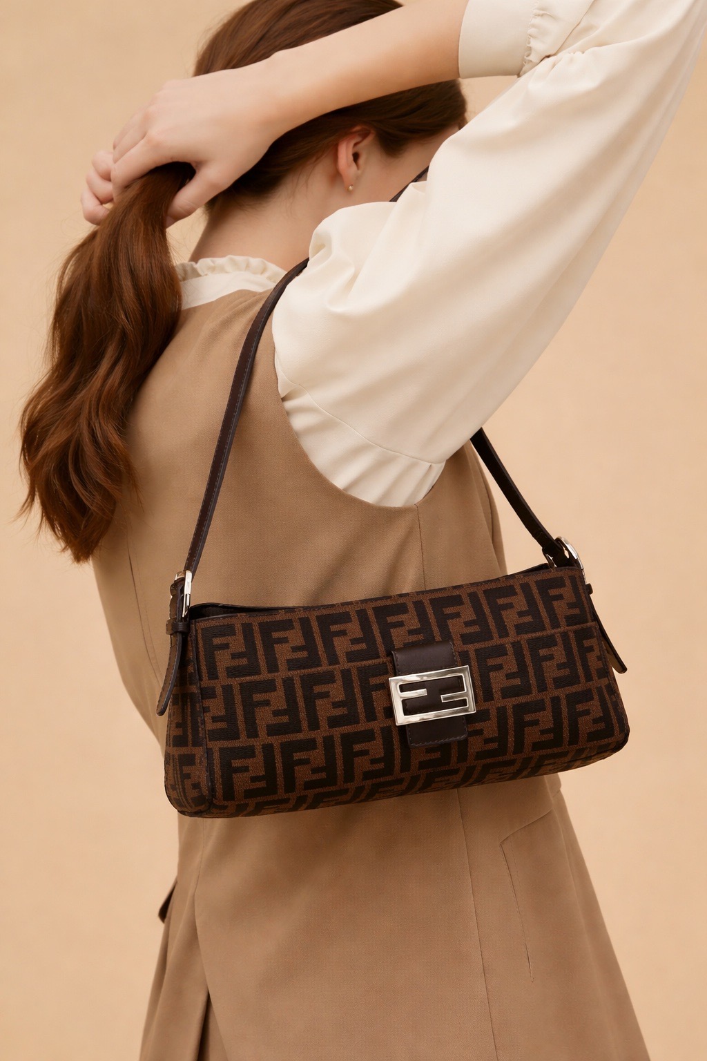 Pre Owned FENDI Zucca FF Momma Baguette Shoulder Bag