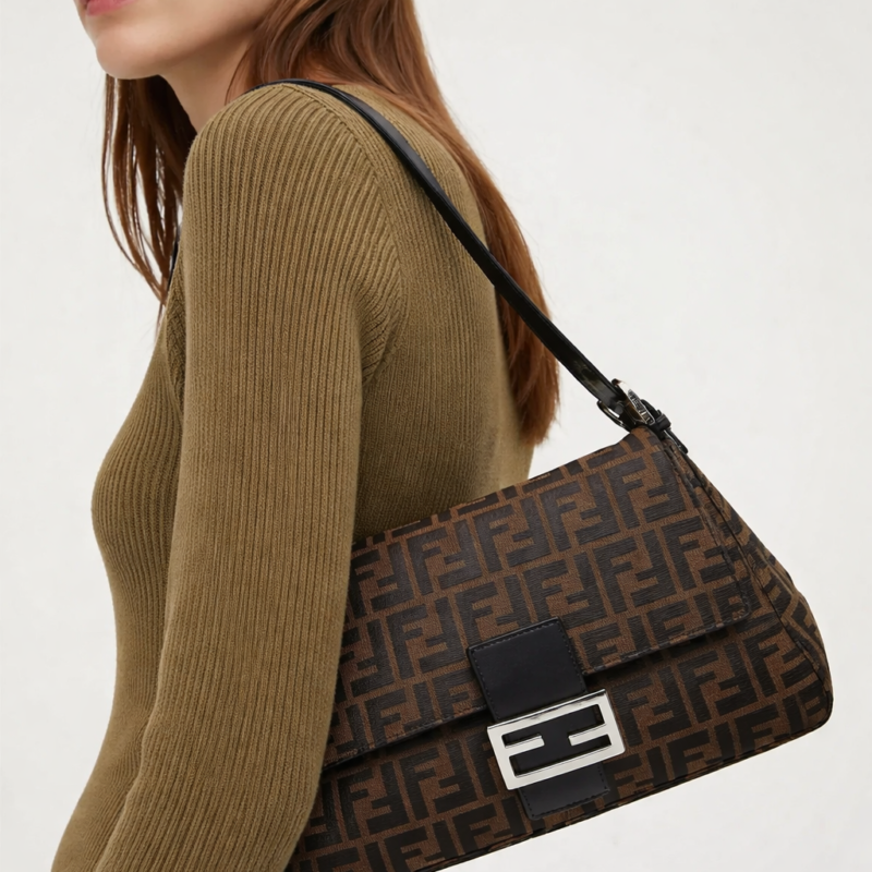 Pre Owned FENDI Zucca FF Momma Baguette Shoulder Bag