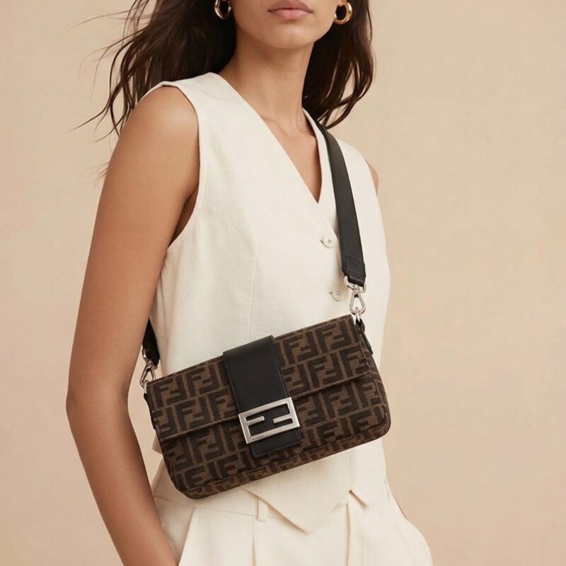 Pre Owned FENDI Jacquard FF Belt Baguette Bag