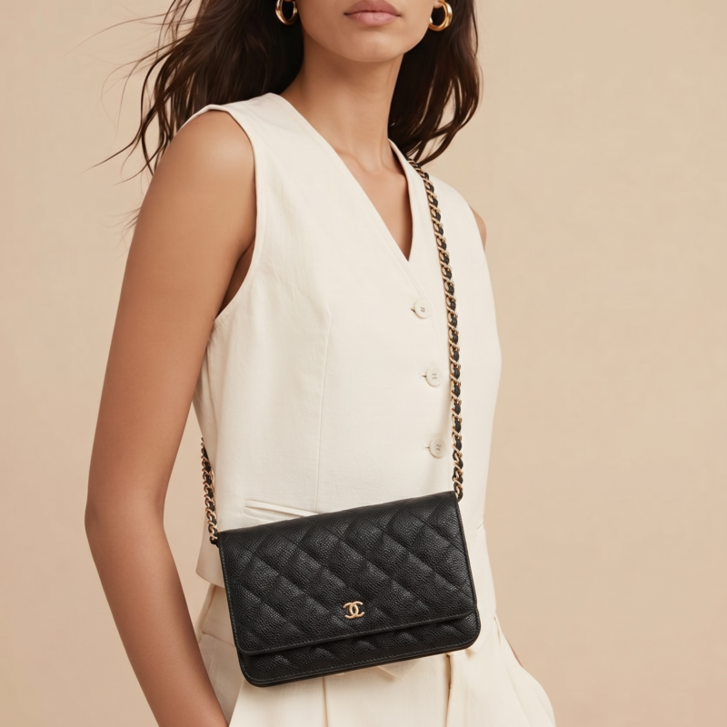 Pre Owned CHANEL Black Caviar Quilted Wallet On Chain