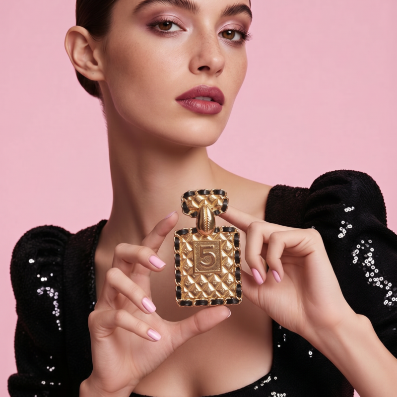Pre Owned CHANEL Gold Plated Bottle Charm Brooch Fall 2023