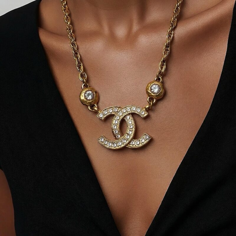 Pre Owned CHANEL Vintage 24k Gold Plated Crystal Cocomark Necklace 18 inch