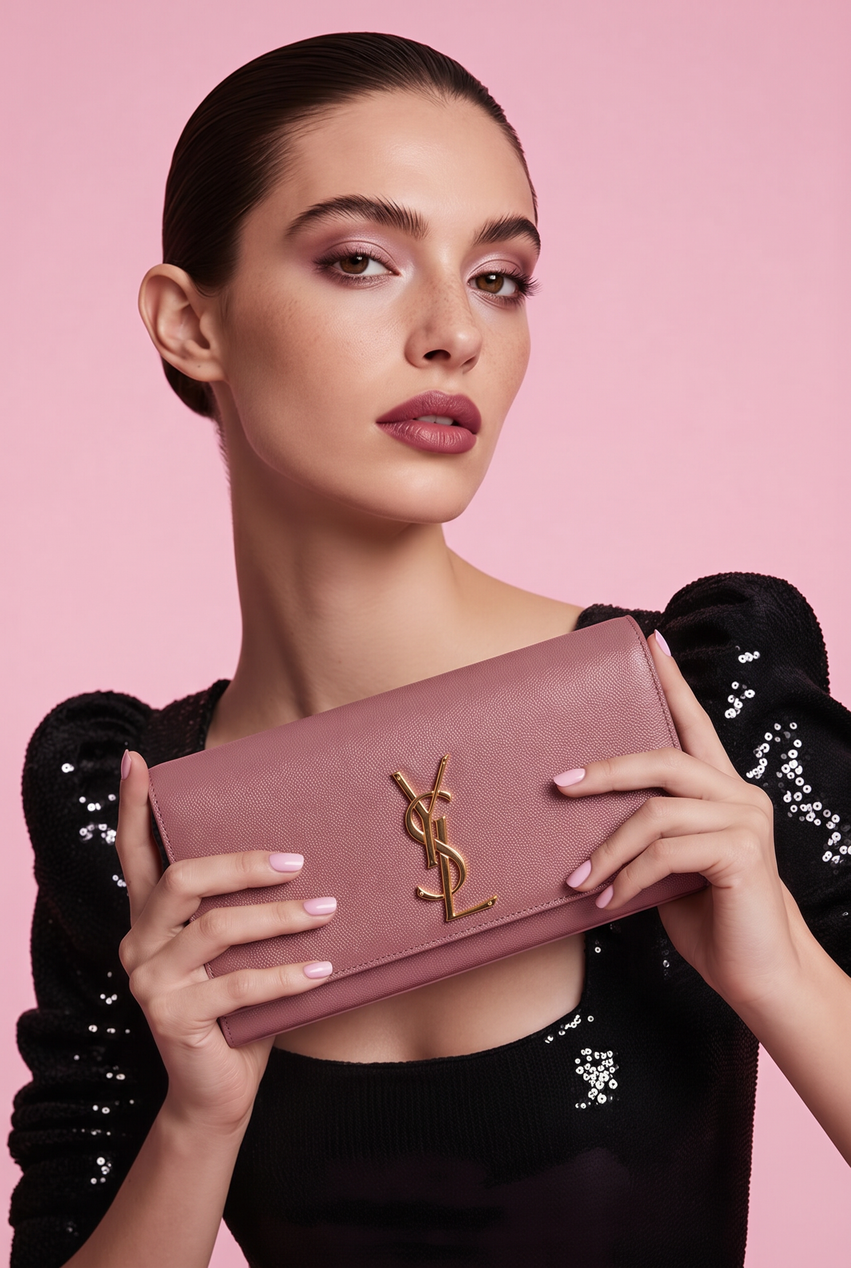 Cassandre Clutch in Pink Grained De Poudre Leather