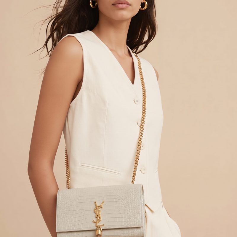 Yves Saint Laurent Ivory Crocodile Embossed Kate Medium Crossbody Bag